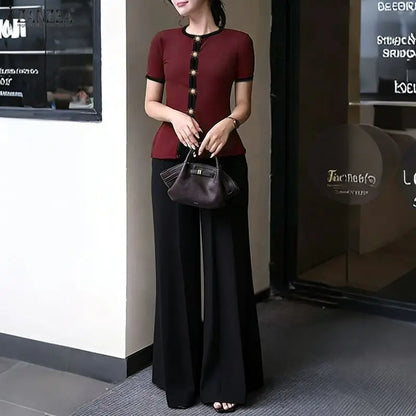 ZANZEA Fashion Summer 2 Pieces Sets Office Outfits 2026 Women Elegant Short Sleeve Blouse Pant Sets Color Blocking Tracksuit