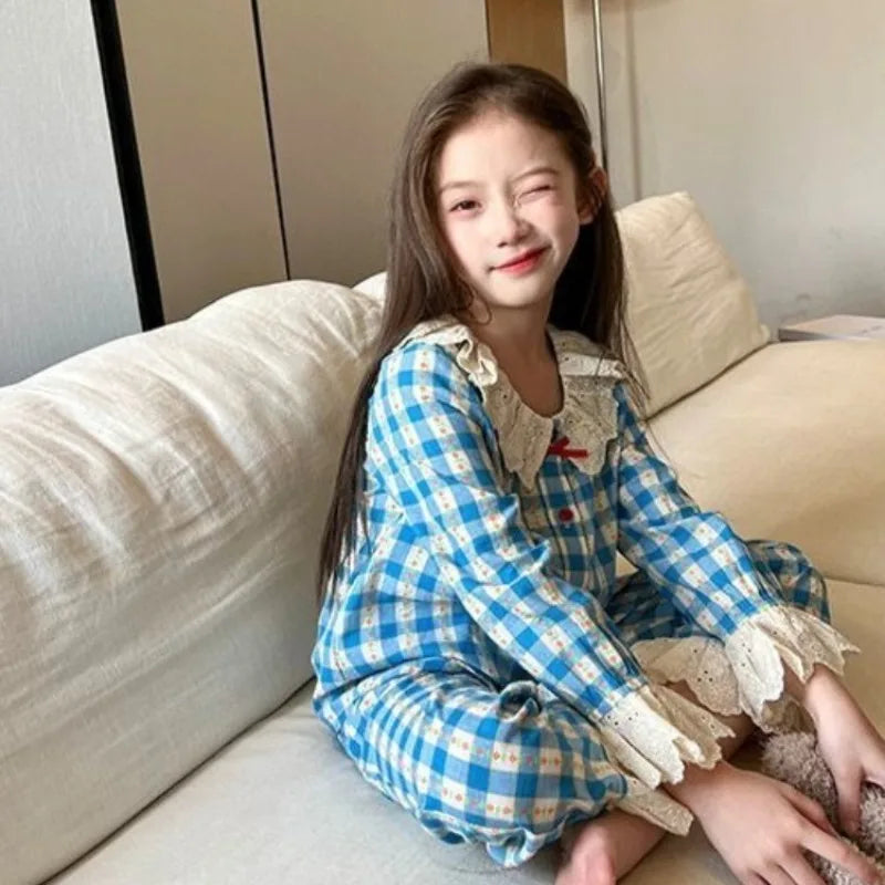 Spring Autumn Girls' Cloud Cotton Pajama Set with Lace Trim Medium Large Kids' Striped Plaid Homewear Casual Outfit