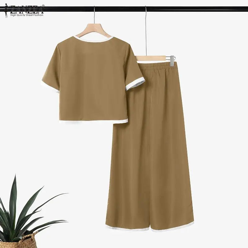 2026 Summer Short Sleeve Blouse Pant Sets ZANZEA Fashion Women 2 Pieces Sets Casual Patchwork Work Outfit Wide Leg Trousers Suit