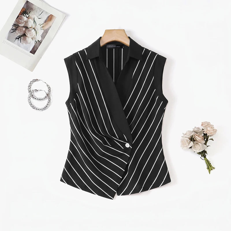 ZANZEA Elegant Women Striped Shirts Summer Turn-Down Collar Single Button Cinch Waist Sleeveless Tops Office Lady Vest Tops 3XL