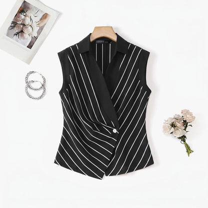 ZANZEA Elegant Women Striped Shirts Summer Turn-Down Collar Single Button Cinch Waist Sleeveless Tops Office Lady Vest Tops 3XL