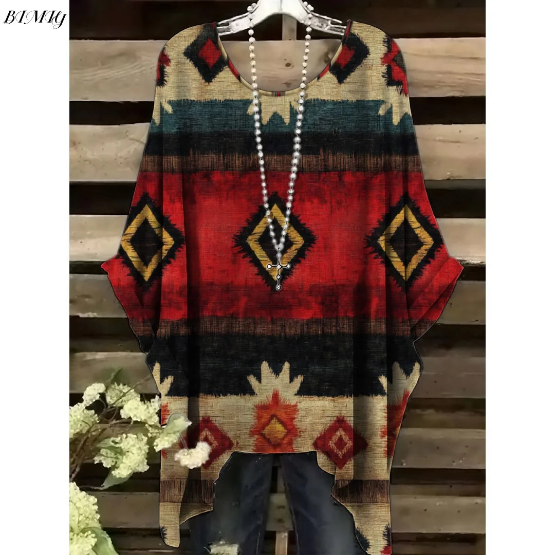 Bohemian Floral Tunic Plus Size Women's Bohemian Floral Print Tunic T-Shirt Short Sleeve Round Neck Casual Top Vibrant 2025