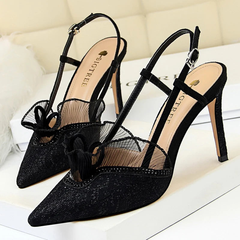 BIGTREE Shoes Fashion Women Sandals Mesh Lace Sexy High Heels 9 Cm Women Pumps Stilettos Summer Heeled Sandals Plus Size 42 43