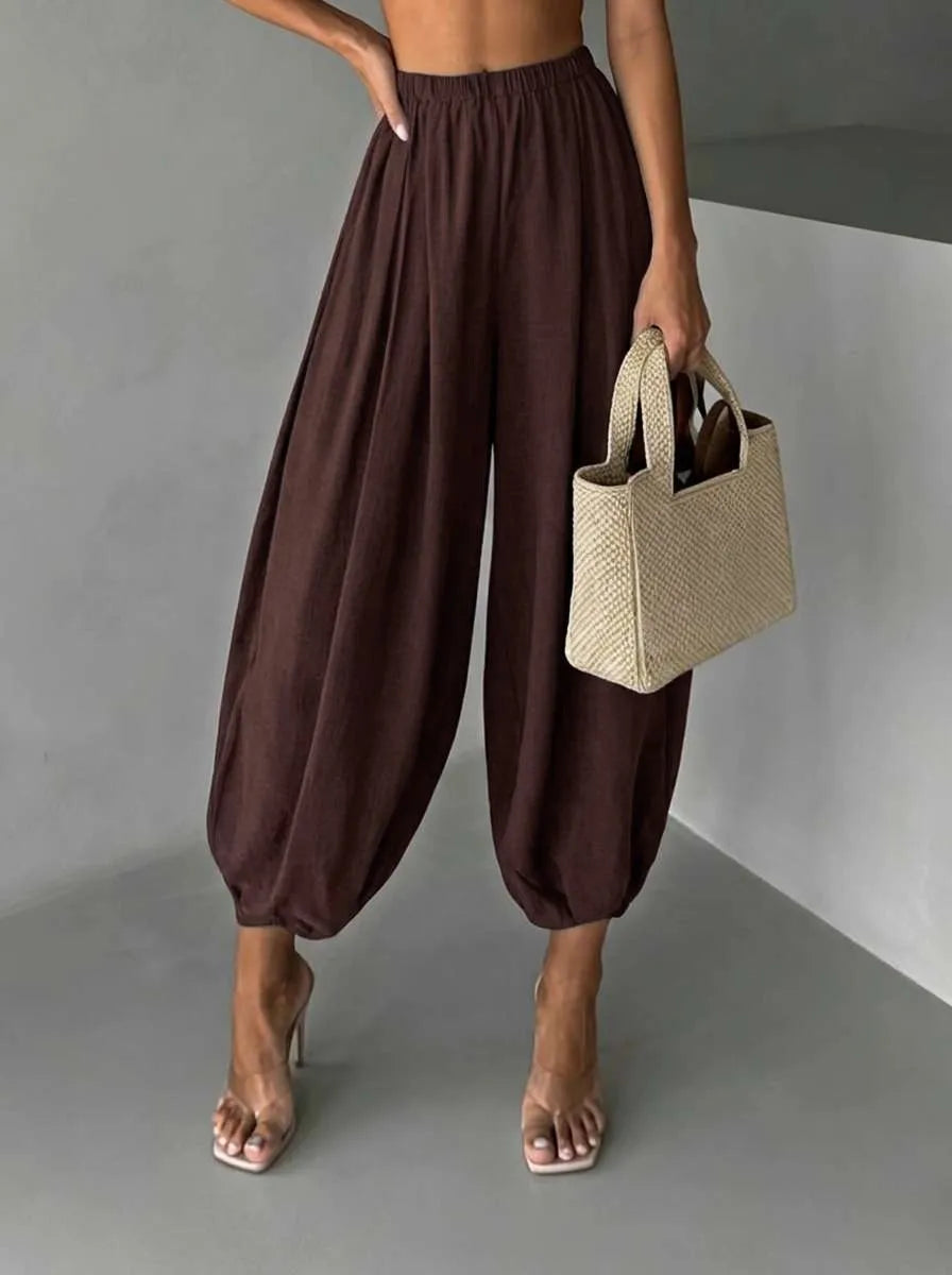Summer Women's Clothing Loose Fit Harem Pants Retro Wide Leg Trousers With Elastic Waist Vintage Polyester Ice Silk Long Pants