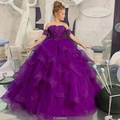 Dress for girls Party Flower Kids Ball Gown Tulle Off Shoulder Children Birthday Wedding Dresses First Communion Gown Clothing