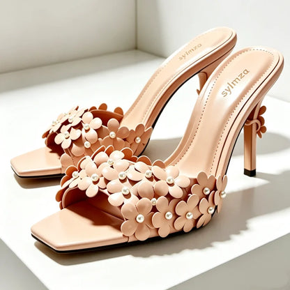 Elegant Flower Pearl Detail Heeled Mule Sandals Women Fashion Square-Toe Open-Toe Slide Sandals Wedding Brides Designer Shoes