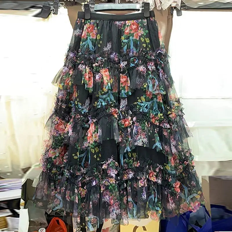 Elegant Long 2025 Patchwork  Flower Print Tulle Skirt plus Size Women's Cake Style Half Body Fairy Tale Skirts