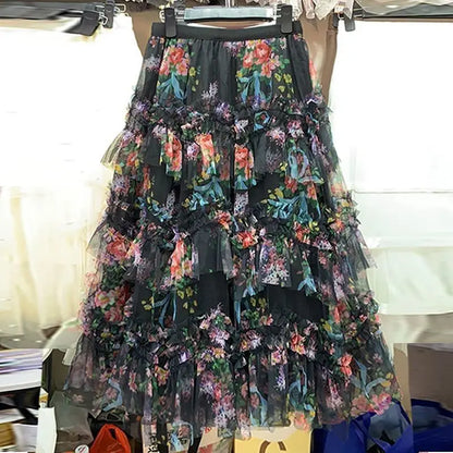 Elegant Long 2025 Patchwork  Flower Print Tulle Skirt plus Size Women's Cake Style Half Body Fairy Tale Skirts