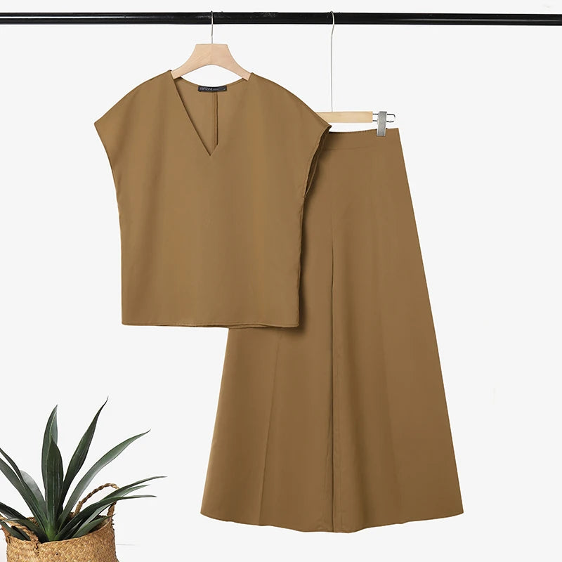 ZANZEA 2PCS Elegant V Neck Short Sleeve Blouse Pant Sets Summer Women Matching Sets Solid Color OL Outfit Wide Leg Trousers Suit