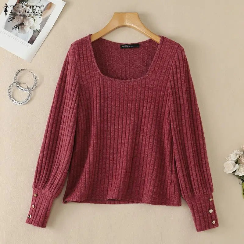 ZANZEA Woman Casual Ribbed Knit Blouses Suqare Neck Long Sleeve Solid Pullover Tops 2026 Autumn Daily Wear T-Shirts Streetwear