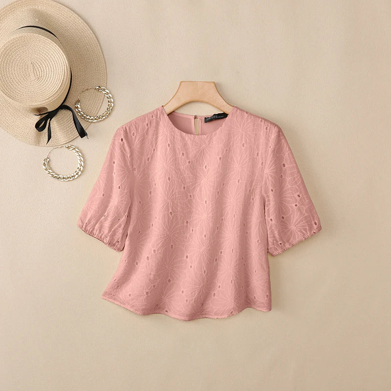 ZANZEA Woman Openwork Embrodiered Blouses Casual O-Neck Short Puff Sleeve Solid Color Tops 2026 Summer Patchwork Blusas de Mujer