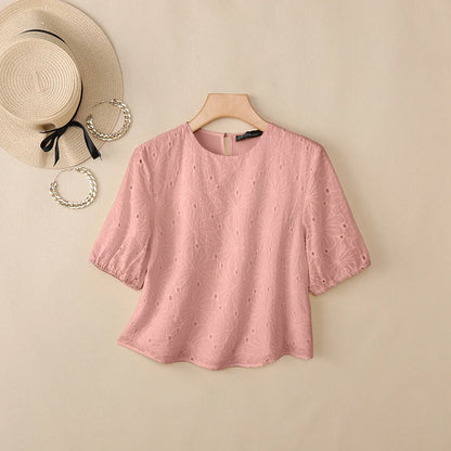 ZANZEA Woman Openwork Embrodiered Blouses Casual O-Neck Short Puff Sleeve Solid Color Tops 2026 Summer Patchwork Blusas de Mujer