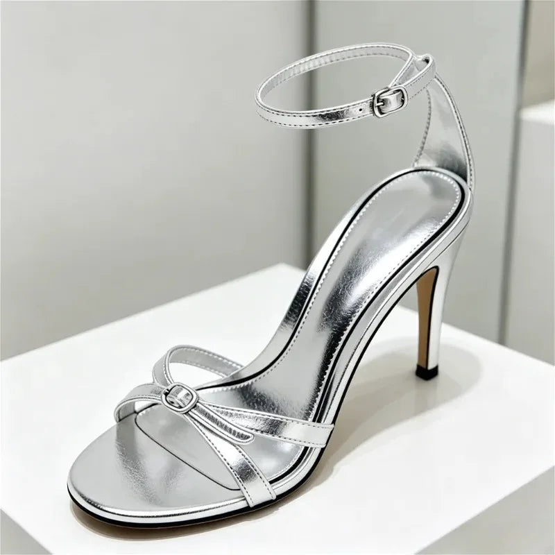 Elegant Patent Leather Silver Heeled Sandals Women Sexy Open Toe Ankle Strap Buckle Thin High Heels Party Wedding Designer Shoes