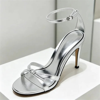 Elegant Patent Leather Silver Heeled Sandals Women Sexy Open Toe Ankle Strap Buckle Thin High Heels Party Wedding Designer Shoes