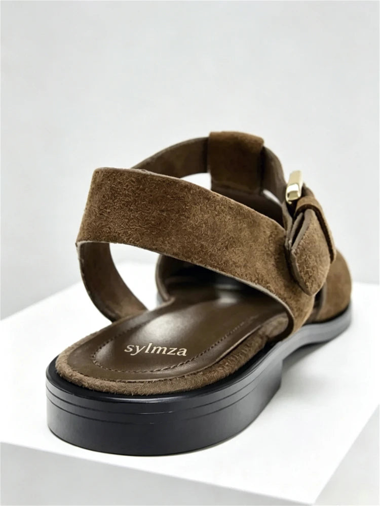 New Flat Sandals Women 2026 Summer Faux Suede Weaving Design Gladiator Sandals Ankle Strap Comfortable Women Shoes Sandalias