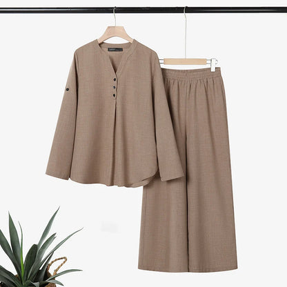 ZANZEA Women's Casual Loose Pant Suits Half-Button Long Sleeve Blouse & Wide Leg Pant 2 Piece Sets Summer Daily Pant Sets Outfit