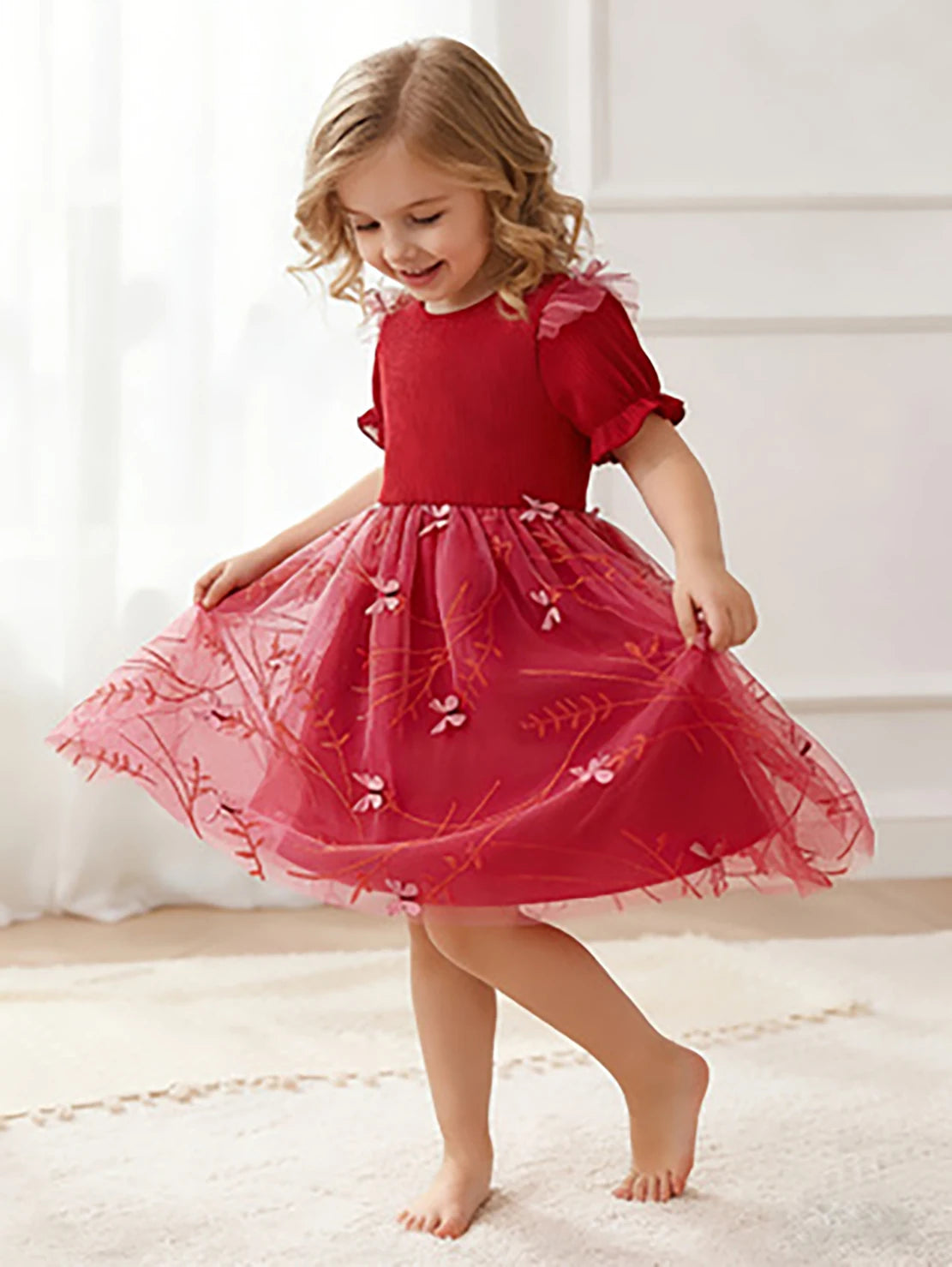 Girls' Red Butterfly Embroidery Tulle Princess Dress, Summer Puff Sleeve Dress