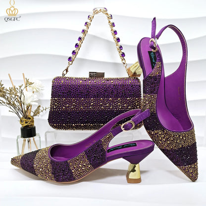 2026 Nigerian Women Heel Ladies Italian Luxury Design Green Shoes And Bag Set Decorated with Rhinestone Handbag Wedding Party
