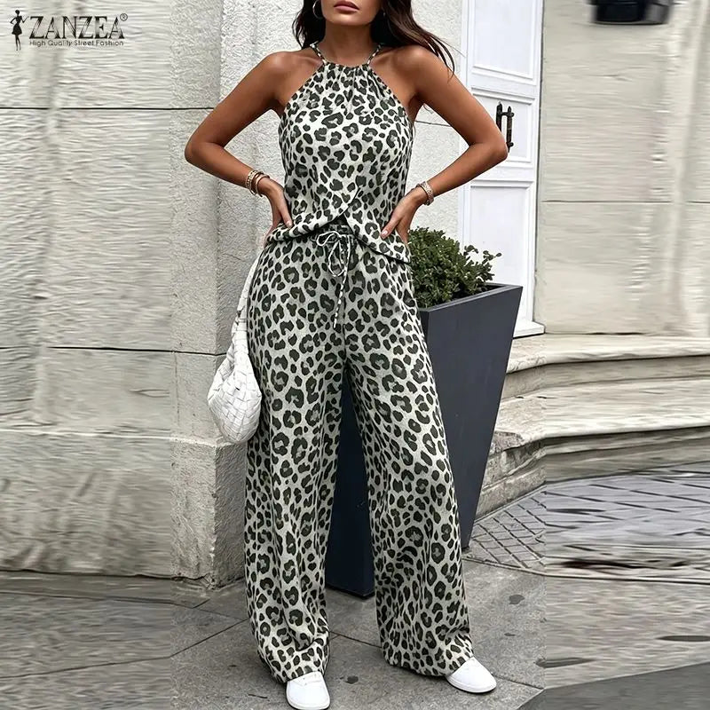 Stylish Women 2 Pieces Sets Leopard Print Holiday Outfits ZANZEA Summer Halter Sleeveless Tanks Tops Beach Pant Sets Streetwear