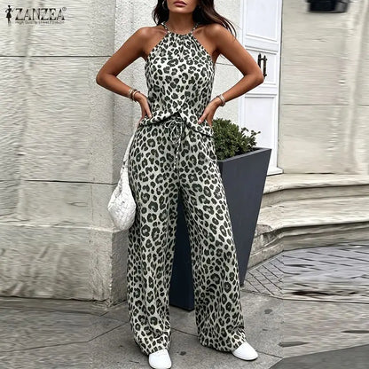 Stylish Women 2 Pieces Sets Leopard Print Holiday Outfits ZANZEA Summer Halter Sleeveless Tanks Tops Beach Pant Sets Streetwear