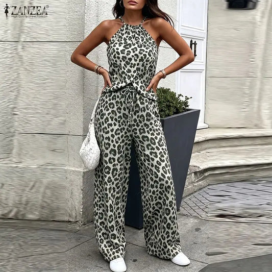 Stylish Women 2 Pieces Sets Leopard Print Holiday Outfits ZANZEA Summer Halter Sleeveless Tanks Tops Beach Pant Sets Streetwear