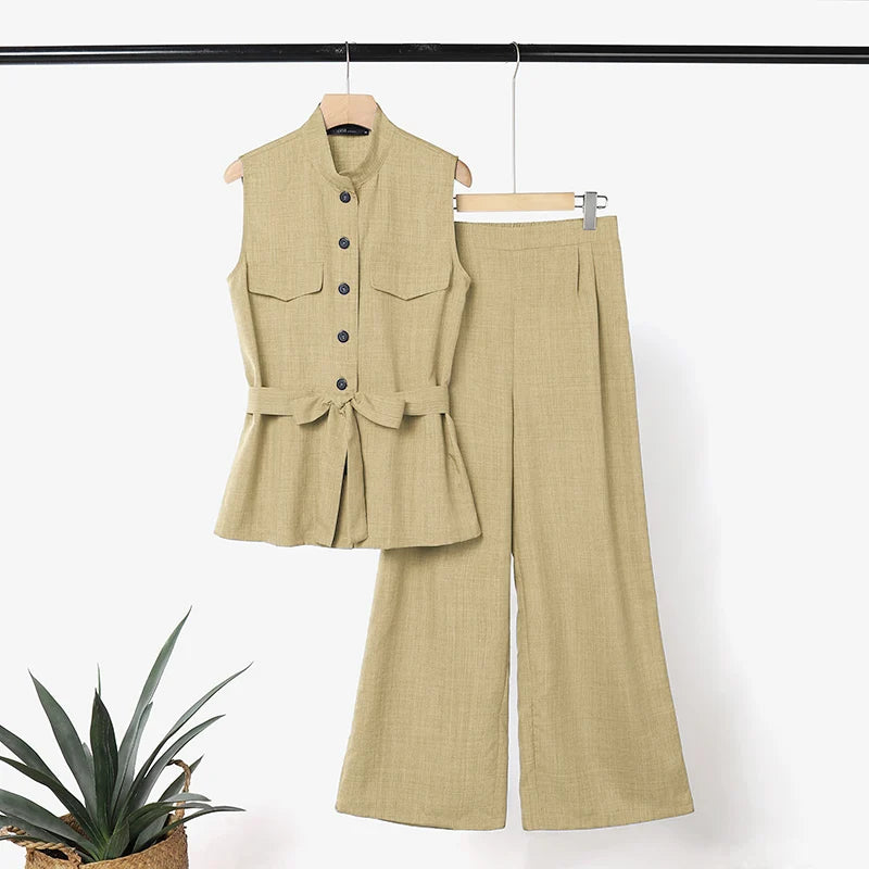 ZANZEA Stylish Summer Sleeveless Tanks Tops Pant Sets Women Elegant Casual Holiday Outfits Solid OL Work Tracksuit 2 Pieces Sets