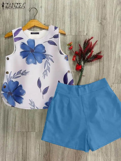 2024 ZANZEA Summer Short Sets Floral Printed Sleeveless Tanks Tops Pant Sets 2PCS Holiday Beach Outfits Women Bohemain Tracksuit