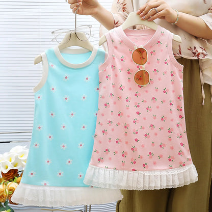 Summer Toddler Girl Dress Flowers Cotton Sleeveless Children Dress Lace Trim Kids Sundress Slip Dress Fashion Girls Clothing