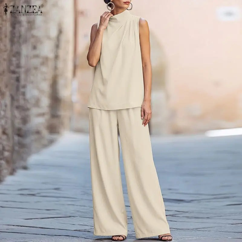 ZANZEA Women Minimalist 2pcs Matching Pant Sets Turtleneck Sleeveless Tops & Wide Leg Pants Suits Summer Commute 2 Piece Outfits