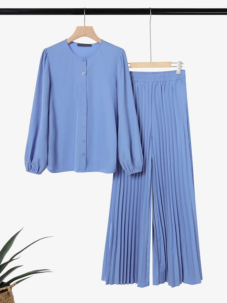 2026 ZANZEA Muslim Hijab Tracksuit Ramadan Outfits Women Pant Sets Long Sleeve Tops Wide Leg Trousers Elegant Solid OL Work Suit