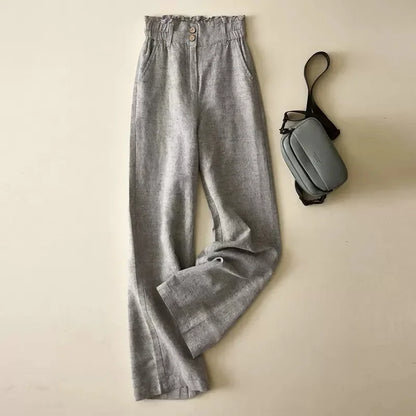 Summer Thin High Waisted Flax Wide Leg Pants Female Solid Color Flower Bud Waist Straight Leg Trousers Lady Cotton Linen Pant