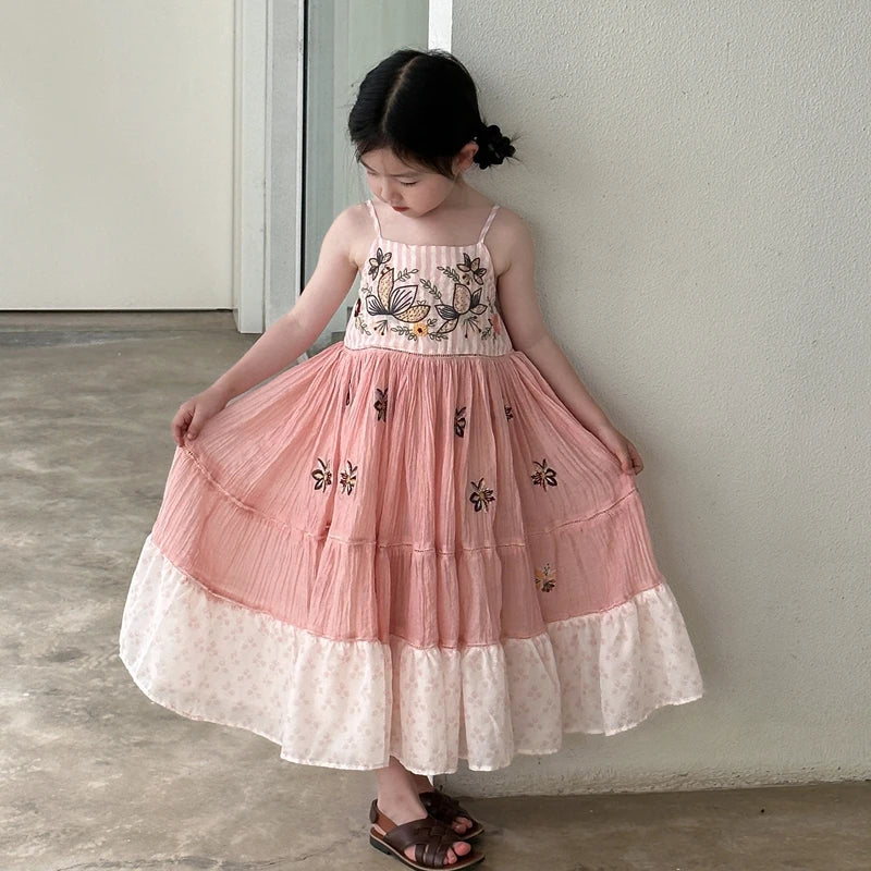 Teen Girls Floral Embroidery Sling Maxi Dress Kids Summer Sleeveless Strap Long Dress Children Holiday Beach Sundress 2-15 Years