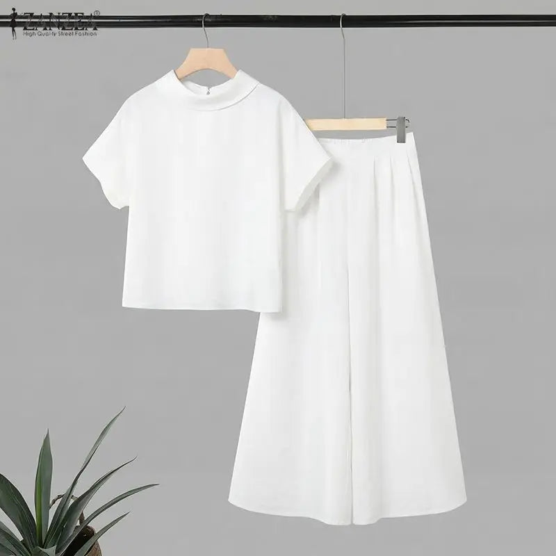 ZANZEA Women's Loose Pant Sets Collared Short Sleeve Tops & Wide Leg Pants 2 Pieces Suits Daily Casual Solid Color 2pcs Outfits