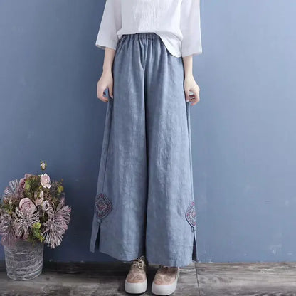 High Waist Straight Leg Cotton Linen Patchwork Embroidered Wide Leg Pants Spring Summer Casual High Waist Long Trousers