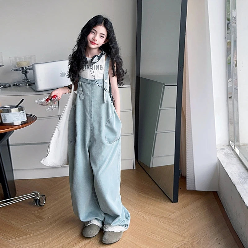 New Fashion Kids Girls Overalls Jumpsuit Jeans Loose Casual Children Denim Bib Suspender Pants Teenagers Denim Dungarees 5-14 T