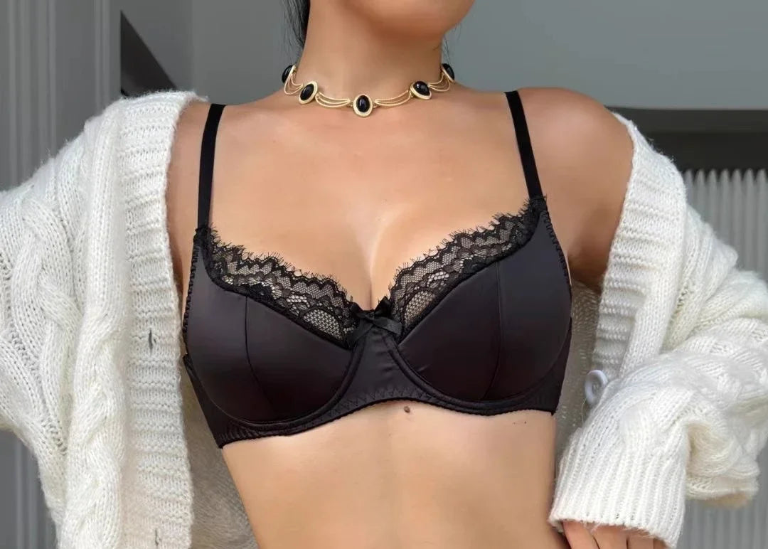 YUQI French sexiness Red Wedding Night Lingerie Bra Set| Zodiac Year Lace Bralette, Thin Adjustable & Cinched for Small Chest