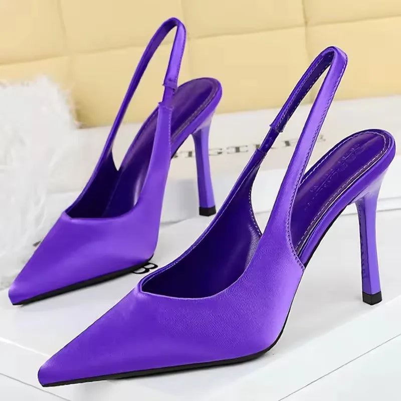 BIGTREE Shoes New Silks Satins Women Pumps Rear Strap Pointed End High Heels Stiletto Heels 9.5 Cm Summer High-Heeled Sandals
