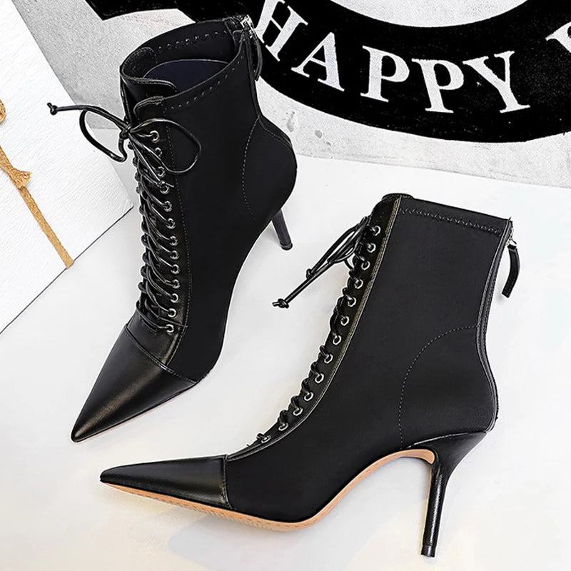 BIGTREE Shoes Cross Straps Sexy Women Boots Pointed Toe Stiletto High-heel Boots 2026 New Women's Ankle Boots Plus Size 42 43