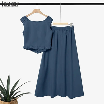 ZANZEA Women's Korean Fashion Skirt Suits Ruffles Trim Sleeveless Top & A-Line Maxi Skirt 2 Piece Sets Casual Elegant Outfits