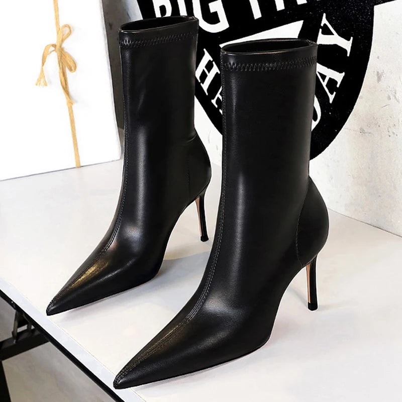 BIGTREE Shoes 2026 New Women Mid-Calf Boots Pointed Toe High-heel Boots Stiletto Heels Leather Boots Fashion Autumn Winter Boots
