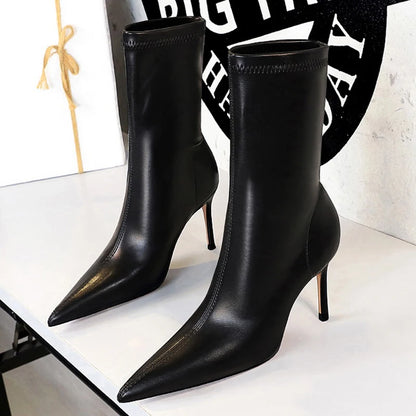 BIGTREE Shoes 2026 New Women Mid-Calf Boots Pointed Toe High-heel Boots Stiletto Heels Leather Boots Fashion Autumn Winter Boots