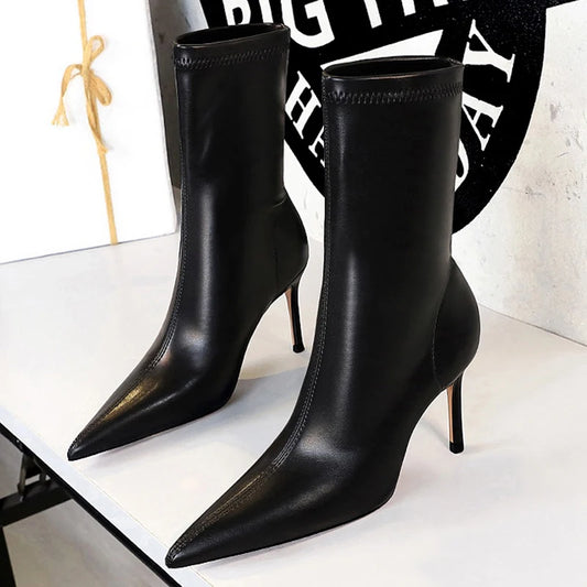 BIGTREE Shoes 2026 New Women Mid-Calf Boots Pointed Toe High-heel Boots Stiletto Heels Leather Boots Fashion Autumn Winter Boots