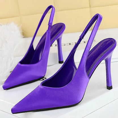 BIGTREE Shoes New Silks Satins Women Pumps Rear Strap Pointed End High Heels Stiletto Heels 9.5 Cm Summer High-Heeled Sandals