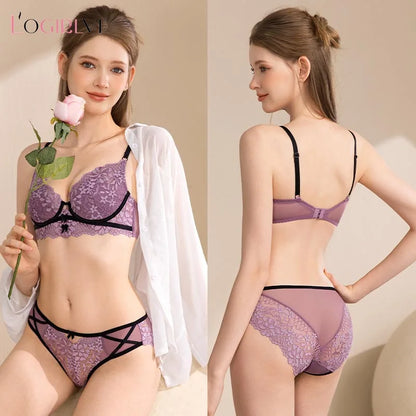New Women Lingerie Set Sexy Lace Push Up Bra French 3/4 Thin Cup Bralette Cute Bow Decoration Underwear Comfort Bras Briefs Sets