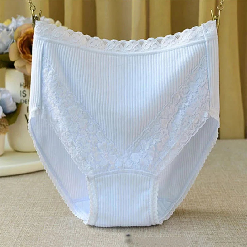 Women High-Waist Cotton Underwear Breathable Seamless Lace Trim Comfortable  Panties