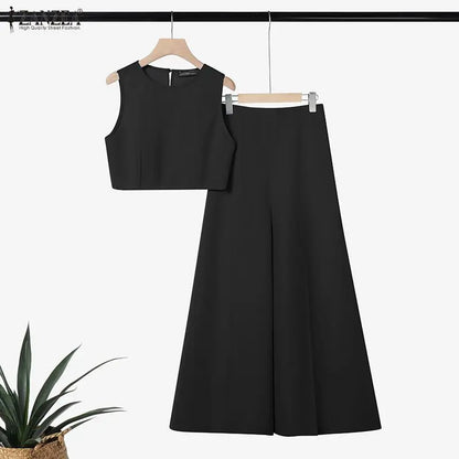 ZANZEA Elegant Women's Loose Pant Suits Wide Leg Pant & Sleeveless Crop Top 2 Pieces Sets Summer Fashion Solid Color Outfits