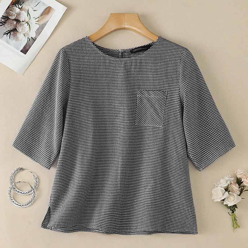 ZANZEA Woman Gingham Check Loose Blouses O-Neck Half Sleeves Pocket Detail Side Slit Tunic Tops Summer Casual Daily Wear Blusas
