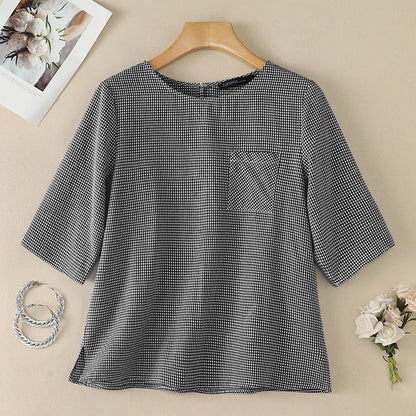 ZANZEA Woman Gingham Check Loose Blouses O-Neck Half Sleeves Pocket Detail Side Slit Tunic Tops Summer Casual Daily Wear Blusas