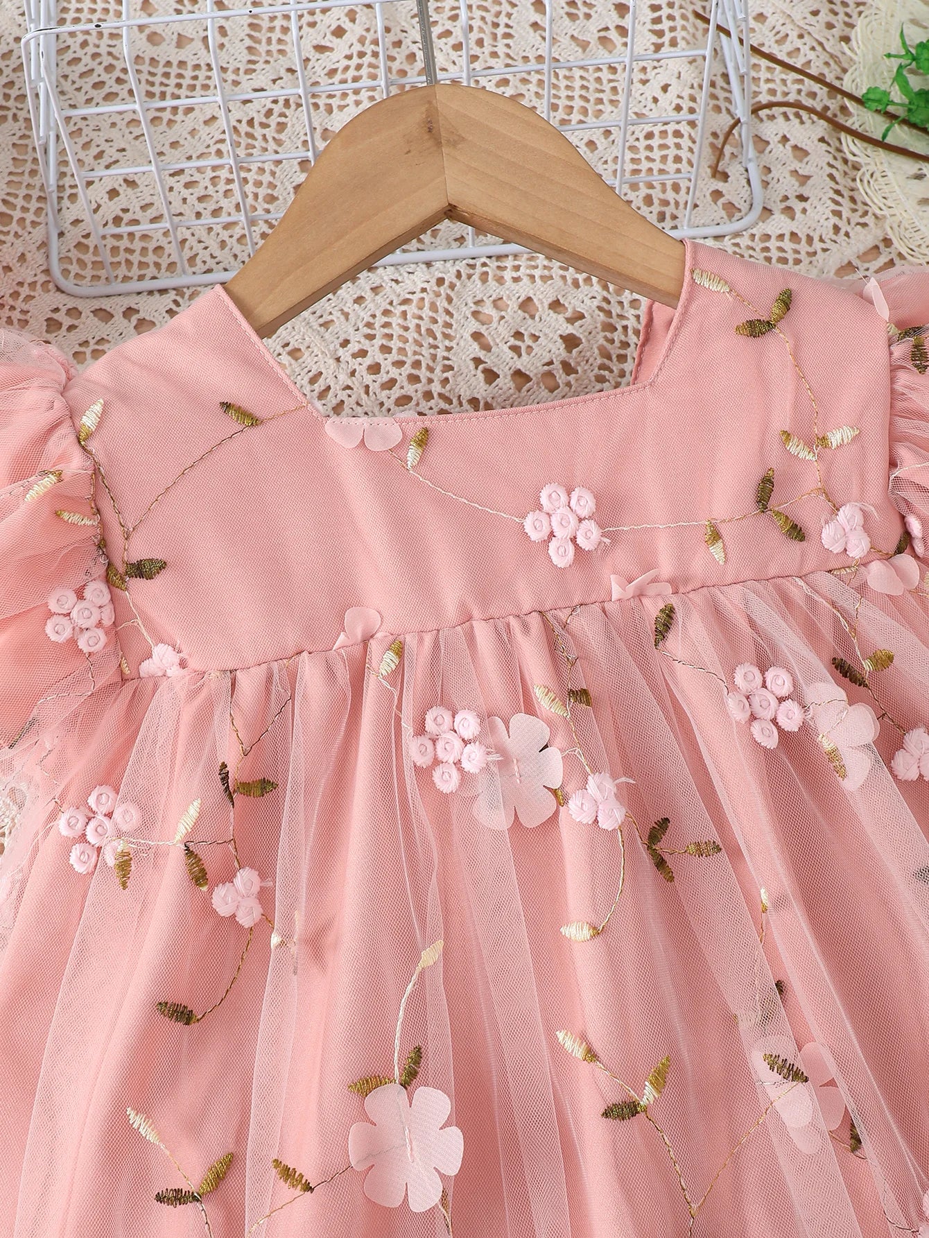 Baby girl flower embroidered mesh dress with bow tie and strap design, suitable for spring and summer when paired with a bag