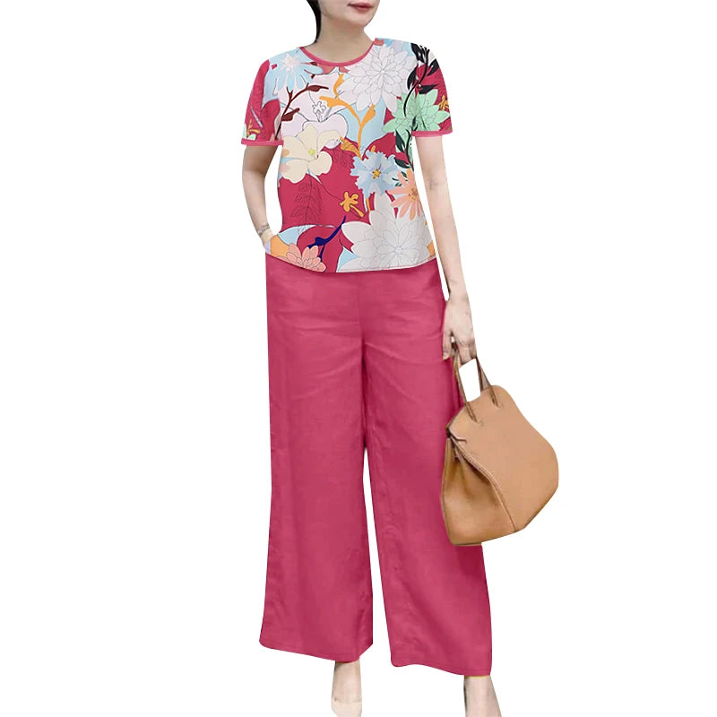 ZANZEA Elegant Casual Pant Sets Women Floral Print Short Sleeve Blouse Wide Leg Trouser Holiday 2pcs Outfits Summer 2-Piece Sets